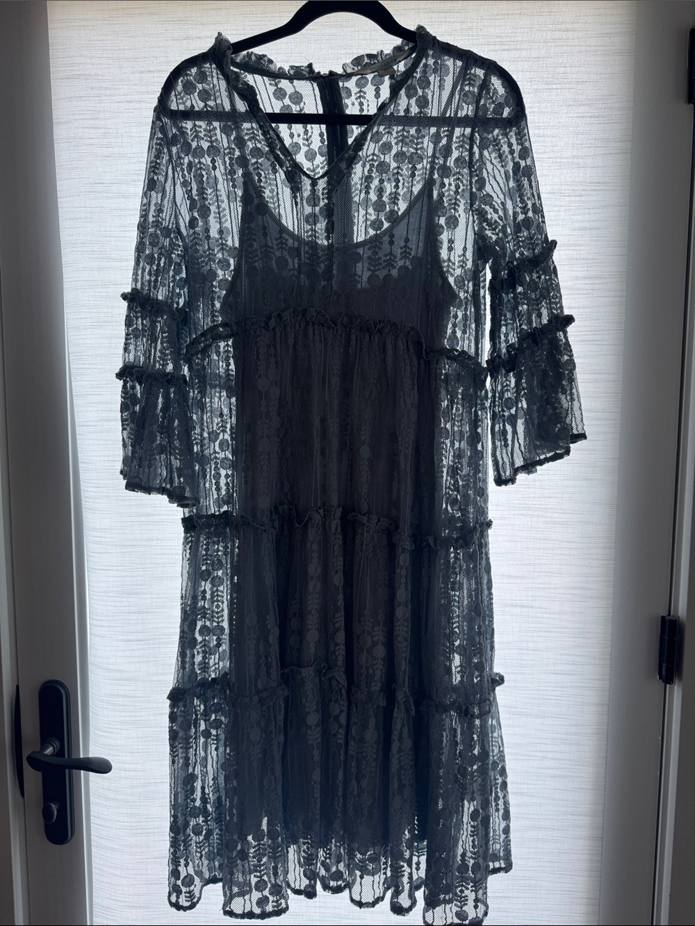 Sundance Black Lace Tiered Long-Sleeve Dress